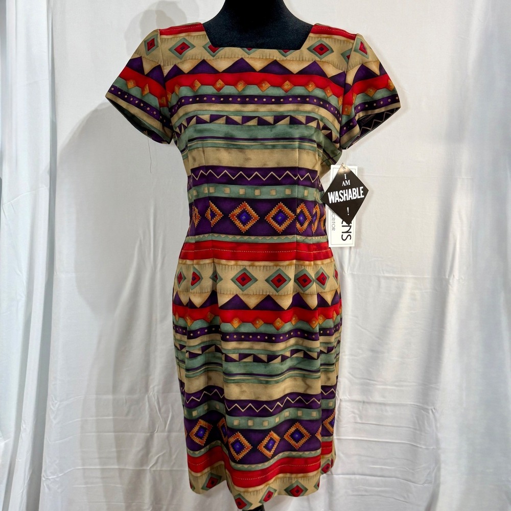 NWT Vintage J Stevens Carol Escritor Southwestern Sheath Dress Petites 4 USA